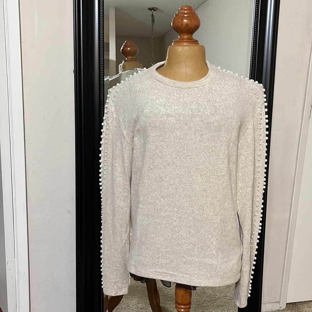 H&M Beige Pearl Sleeve Sweater Blouse
